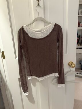 FP Movement by Free People Brown Long-Sleeve Layered Top with White Trim